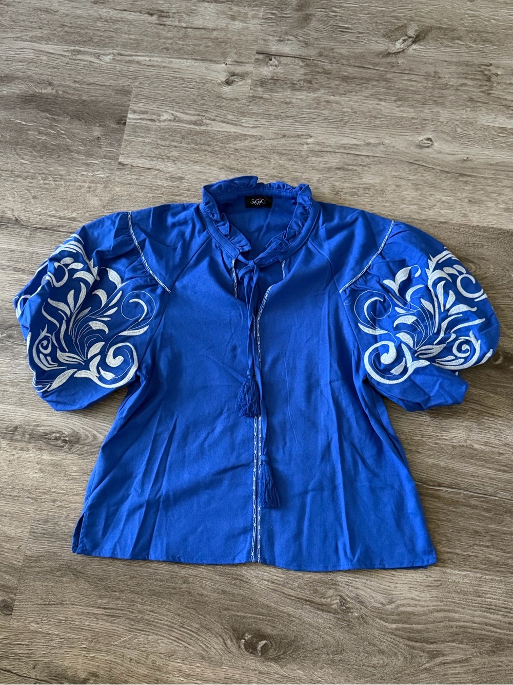 Embroidered Royal Blue Peasant Blouse with Tassel Tie - Picture 2 of 3